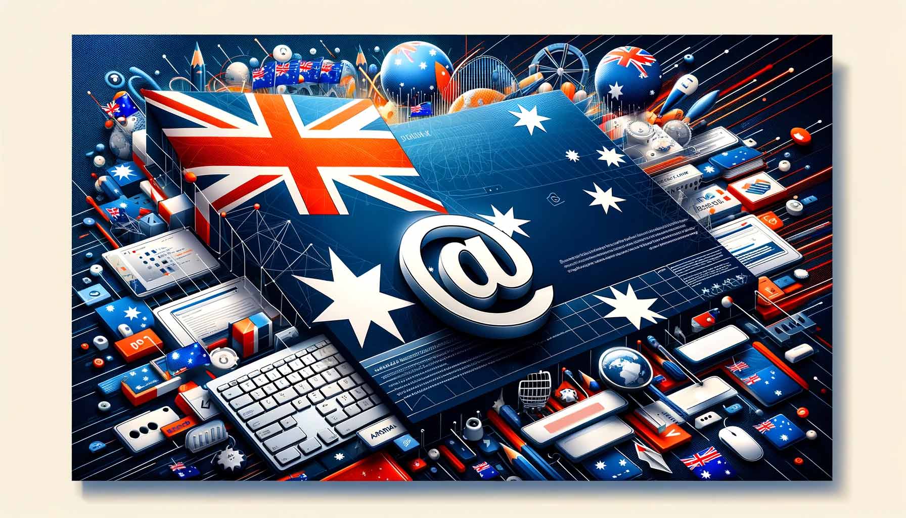 Digital technology and communication concept featuring an Australian flag, a variety of electronic devices, and icons highlighting the importance of .au domain names for Aussie businesses.
